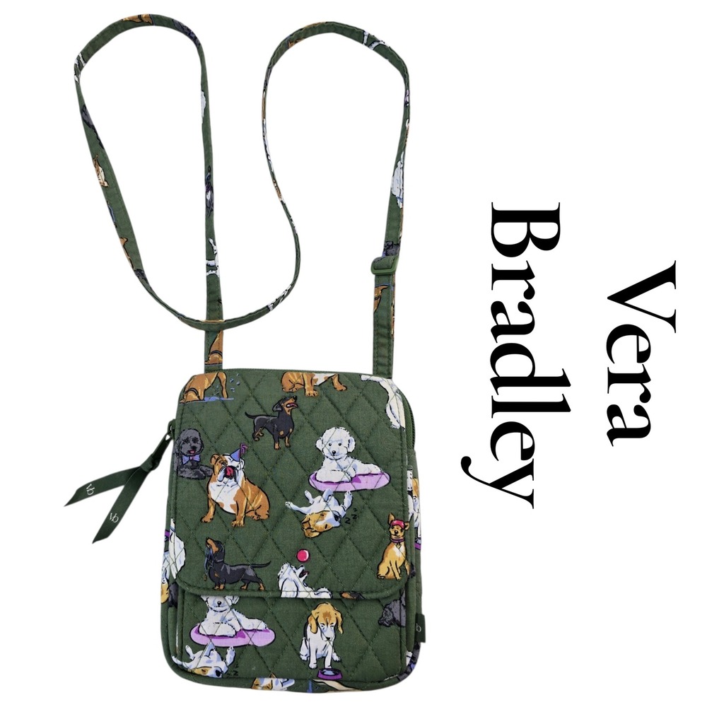 Vera Bradley Crossbody Bag Small Green Cotton Quilted Dog Print RFID Travel